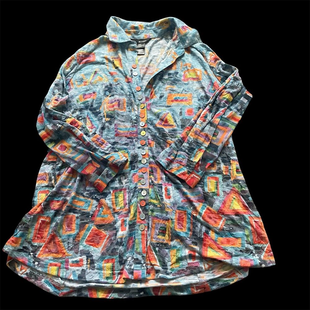 Ali Miles Womens Button Down Large Abstract Artsy Colorful Art to Wear Geometric